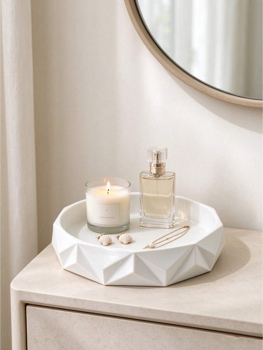 3D Printed Geometric Cut-Out Storage Tray, Black & White Minimalist Style, Vanity Perfume Jewelry Cosmetic Organizer, Polygon 3D Embossed Design, Desktop Luxury Decor, Entryway Key Holder