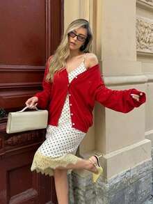 Embroidered V-Neck Button Front Sweater Cardigan, Long Sleeve Soft Knit ...