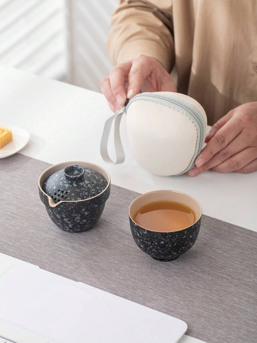 WEN ZHE 1-Person Portable Travel Tea Set, Includes 100ml Ceramic Gaiwan With Filter And 150ml Teacup, Outdoor Camping With Storage Bag