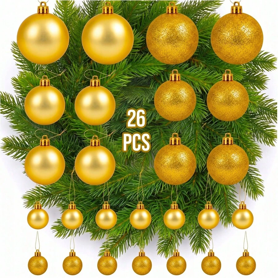 Christmas Tree Baubles Set, 26 Gold Plastic Ornaments In Three Sizes, Lightweight Glossy Hanging Decorations For Trees, Homes, Offices, Shops And Seasonal Displays, Sizes 4 Cm, 5 Cm And 6 Cm - Christmas Tree Baubles - View 1