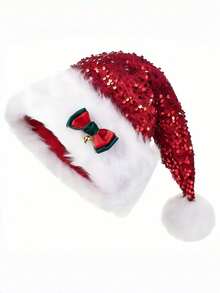 New Christmas Hat Red Sequin Bow Plush Decorative Hat, Extra Large Thick Long Fur Christmas Hat, Holiday Atmosphere Decoration - Multicolor - View 7