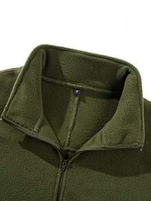 Men's Solid Color Half-Zip Fleece Jacket, Loose Fit, Autumn/Winter - Army Green - View 9
