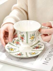 1set Vintage Floral Coffee Mug And Saucer Set,Elegant Striped Flower Teacup For Breakfast, Home Office, Gift For Women - Multicolor - View 6