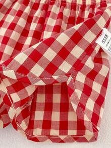Summer New Baby Girl Outfit, Cute Girls Set, Ruffle Collar Short Sleeve Top + Red Plaid Shorts Set, Casual 2-Piece - Red - View 10