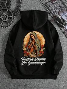 1 Pieza sudadera con capucha para hombre, cómoda, estampado Virgen de Guadalupe, estilo streetwear casual, ideal para uso diario o festividades religiosas - Negro - Ver 2
