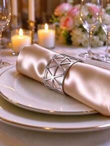 2-12pcs Luxury Geometric Hollow Gold Napkin Rings, Wedding Banquet Table Decor Metal Napkin Holders - Silver - View 8