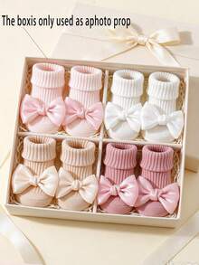4 Pairs Baby/Toddler Girls' Cotton Bow Decor Non-Slip Crew Socks, Suitable For Indoor Floor Use When Crawling/Learning To Walk, All Season - Multicolor - View 9