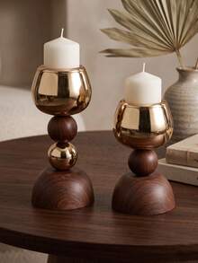 Wood & Gold Metal Candlestick Holder, Retro Table Candle Holder Decor For Wedding, Dining Room, Home Decor,Wood & Gold Metal Candlestick Holder, Retro Table Candle Holder Decor For Wedding, Dining Room, Home Decor. - Fashionable Light Luxury Style - View 5