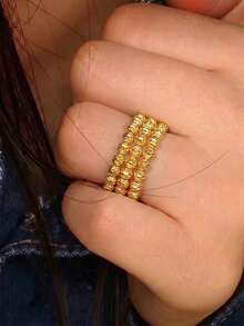 3Pcs 21K Gold Plated Ring Set, Rust-Resistant Gold Alternative Faceted Beaded Ball Stackable Finger Rings Band Jewellery Women - 02 - View 1