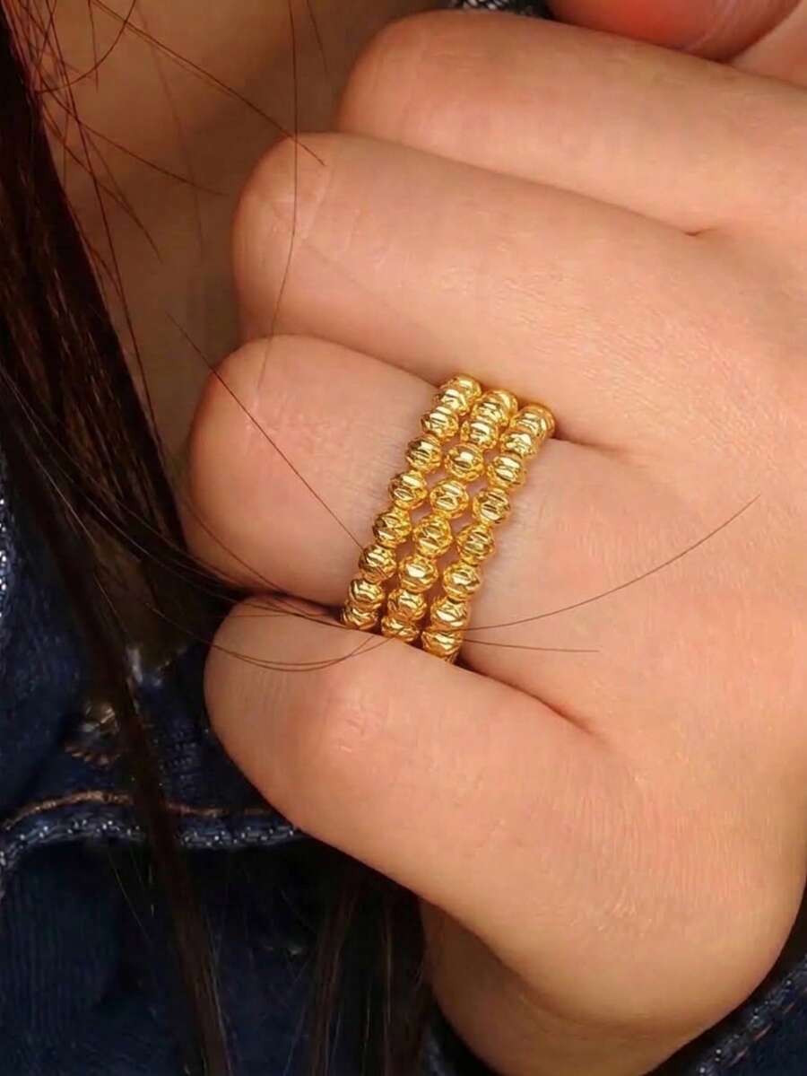 3Pcs 21K Gold Plated Ring Set, Rust-Resistant Gold Alternative Faceted Beaded Ball Stackable Finger Rings Band Jewellery Women - 02 - View 1