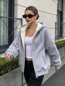 Women's Thermal Lined Thick Lamb Wool Hooded Sweatshirt Jacket, Warm Zipper Sweatshirt Top For Autumn/Winter - Grey - View 10