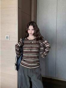 橘色條紋女款復古條紋底層上衣，修身收腰T恤 - 橘色條紋 - 查看 3