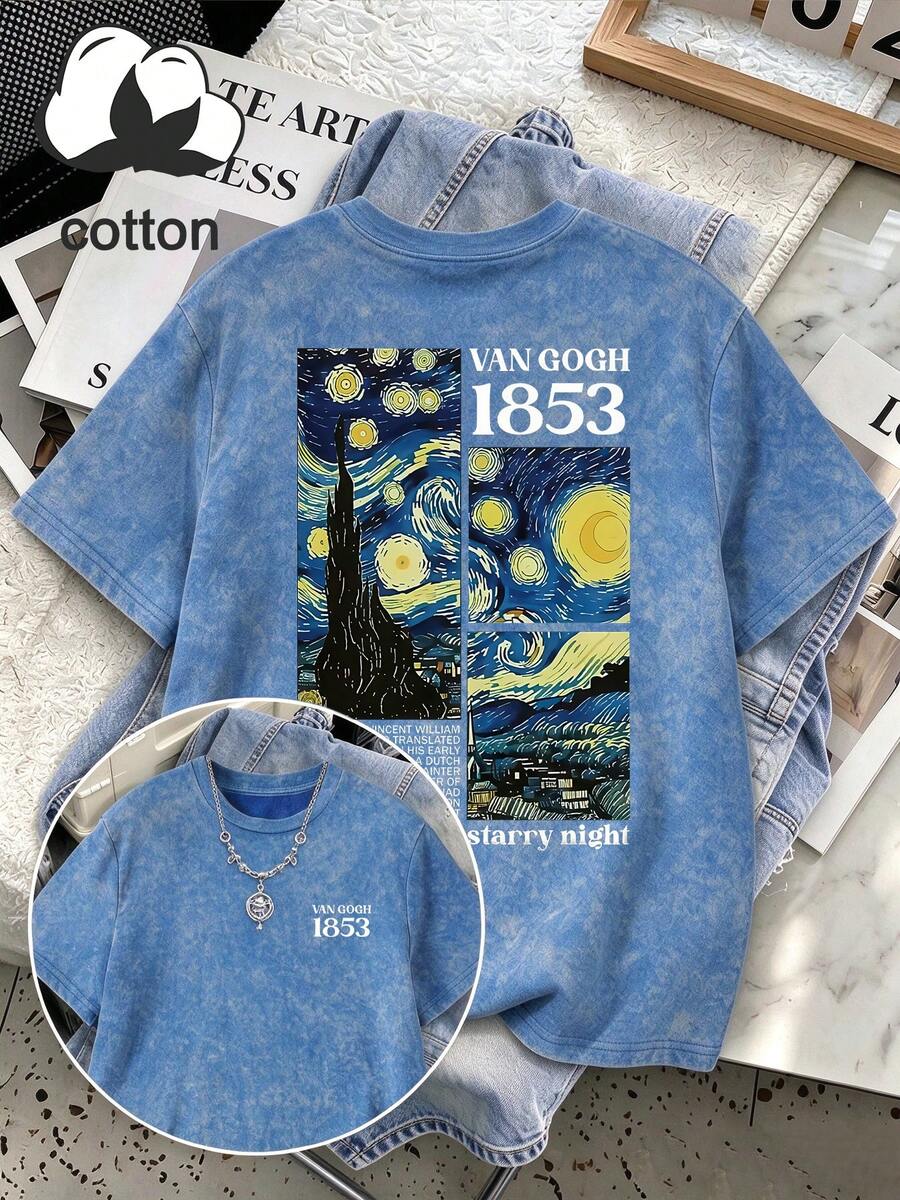 Vintage Washed Van Gogh Starry Sky Graphic Letter Print Plus Size T-Shirt, Women Casual Loose Summer Top - Royal Blue - View 1
