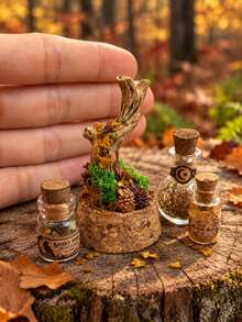 Miniature Forest Terrarium And Magic Bottle Set Model, Forest Theme Handmade Micro Landscape Ornament, Vintage Natural Style Dollhouse Accessory, Fairy Pastoral Style Desktop Decoration - one-size - View 4