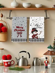 2Pcs Buffalo Plaid Winter Christmas Kitchen Towel Set, Let It Snow Snowman Cardinal Bird, Merry Christmas Plaid Bow Snowflake Star Print, Black‑White Gingham Trim, Holiday Dish Tea Hand Towels For Table Decor - Light Grey - View 3