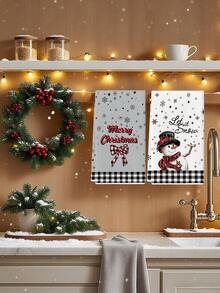 2Pcs Buffalo Plaid Winter Christmas Kitchen Towel Set, Let It Snow Snowman Cardinal Bird, Merry Christmas Plaid Bow Snowflake Star Print, Black‑White Gingham Trim, Holiday Dish Tea Hand Towels For Table Decor - Light Grey - View 1