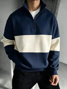 Men's Colorblock Half-Zip Stand Collar Sweatshirt, Vintage Casual Pullover Top - Navy Blue - View 2