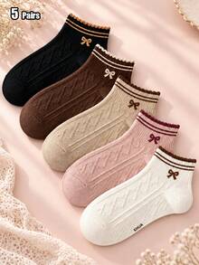 5 Pairs Women's Sweet Bow Knitted Short Socks, Wavy Cuff, Contrast Color Double Stripes & Diamond Texture, Multi-Color Versatile Everyday - Multicolor - View 7
