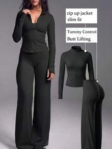 1 Set Women's Sports Outfit Full Zip Jacket + High Waist Tummy Control Butt Lifting Wide Leg Pants, Slimming Black Outdoor Set, Casual Party, Commute Minimalist Autumn Clothing - Black - View 2