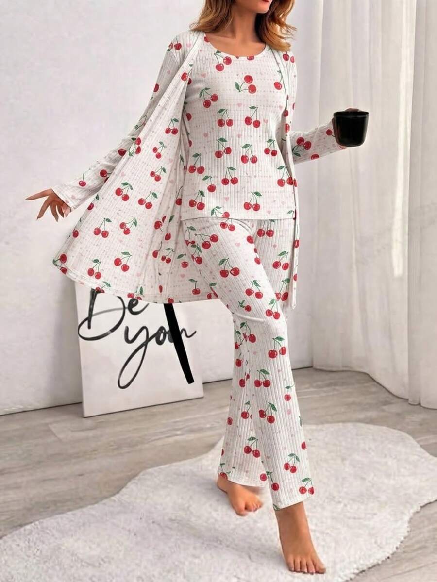 Women's Letter Print Top, Long Sleeve Cardigan And Pants Casual Daily Home Sleepwear Set - Clear - View 1