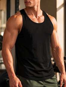 Men's Solid Color Sleeveless Fitness Tank Top, Tight Fit Sports Shirt, Black Summer Style - Black - View 3
