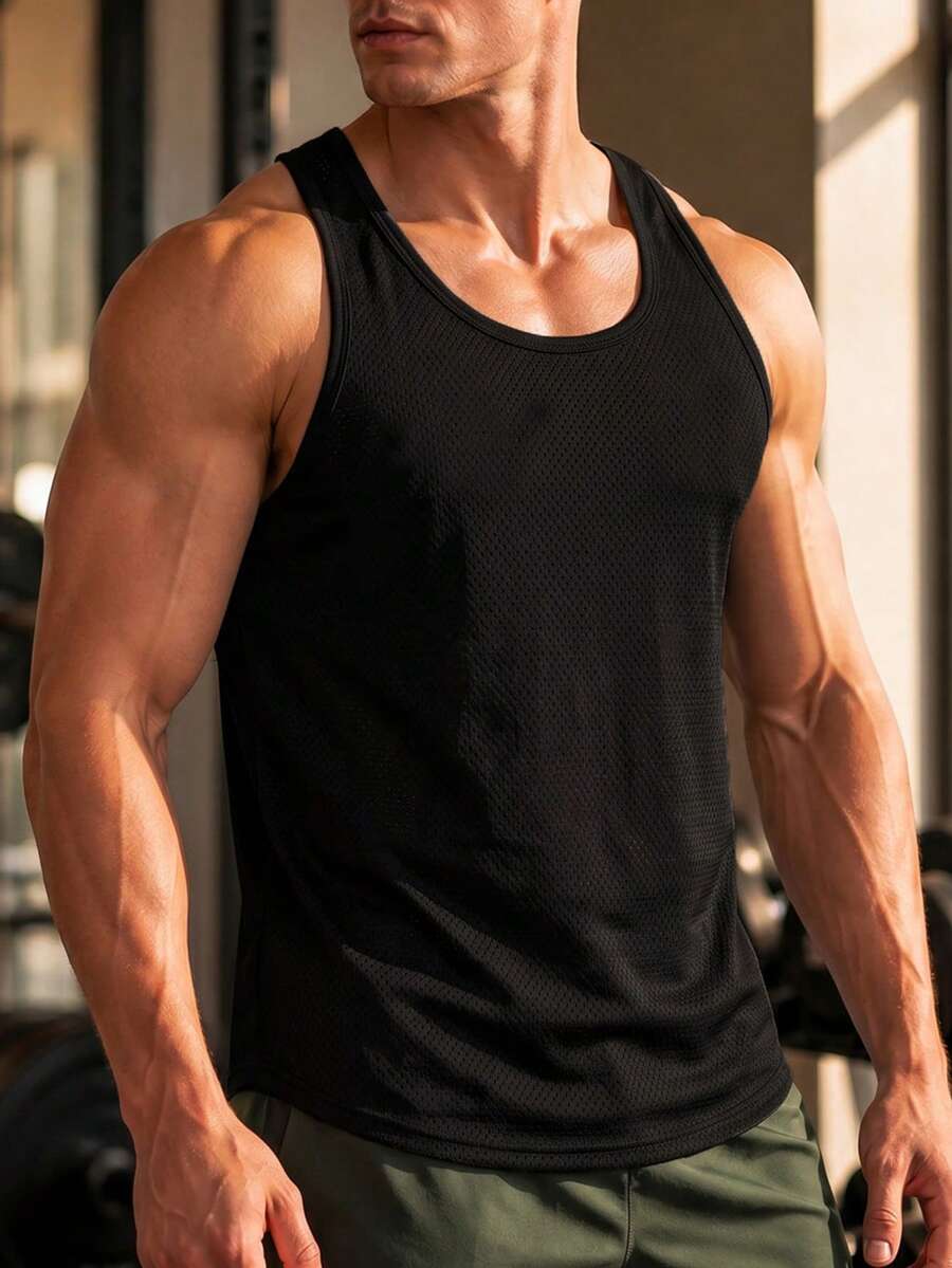 男士純色無袖健身背心,緊身運動上衣,黑色夏季款 - 黑色 - 查看 1