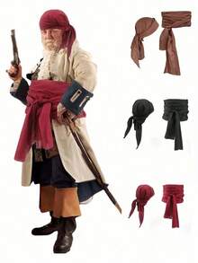 2pcs Medieval Renaissance Linen Pirate Headscarf And Belt Costume Accessories, Party, Ball, Cosplay Performance Props 1/2pcs - Black - View 1
