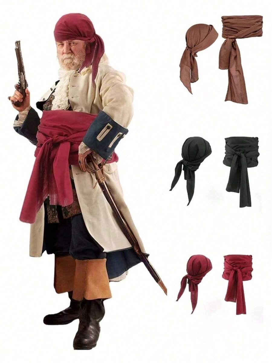 2pcs Medieval Renaissance Linen Pirate Headscarf And Belt Costume Accessories, Party, Ball, Cosplay Performance Props 1/2pcs - Black - View 1