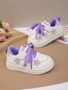 1 Pair All-Season Toddler Walking Shoes With Hook-And-Loop, Embroidered Flowers, Rhinestone Heart Lace-Up, Comfortable Fashionable Cute Flat Casual Baby Sneakers - Purple - View 5