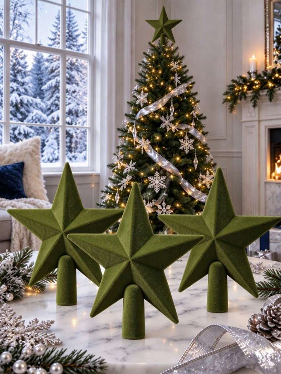 1pc Avocado Green Christmas Tree Topper Star, 7.87 Inch Flocked Material Christmas Tree Top Decor Star, Suitable For Holiday Decoration And Home Decor, Indoor And Outdoor Party, Add Festive Sparkle To Home And Office - Avocado Green - View 1