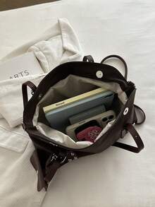 Tas Tote Kulit Sintetis Vintage Wanita, Dompet Kartu Mini yang Dapat Dilepas, Tali Bahu yang Dapat Diatur dengan Hiasan Kancing, Tas Bahu dan Selempang Kapasitas Besar - Kopi - View 6