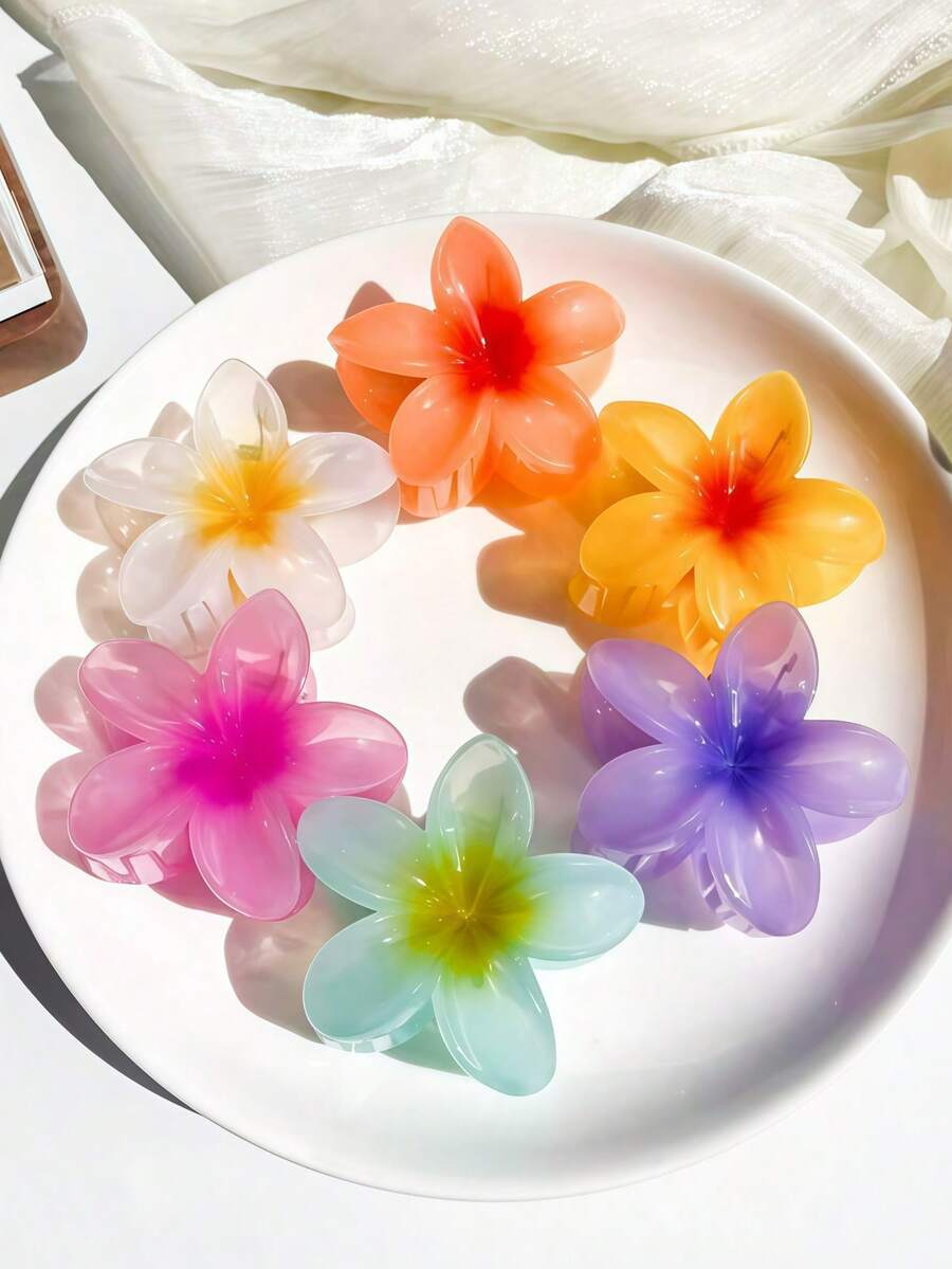 6pcs Women's Flower Hair Clip, Multi-Functional Lightweight Plastic Claw Clip, Suitable For Bathing, Washing Face, And Styling - Multicolor - View 1