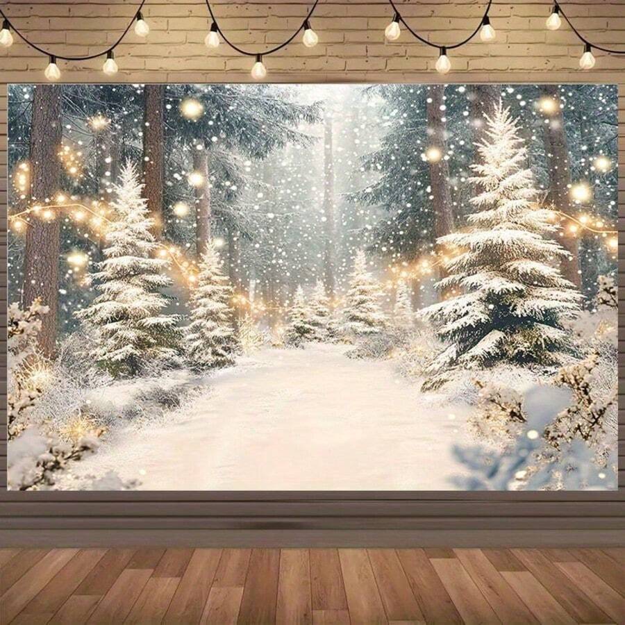 2D Backdrop [Dreamy Christmas Forest] Creates A Winter Wonderland Atmosphere, A Must-Have Backdrop For Holiday Parties, Incorporating Snowflake And Pine Tree Elements, Making Your Christmas Party