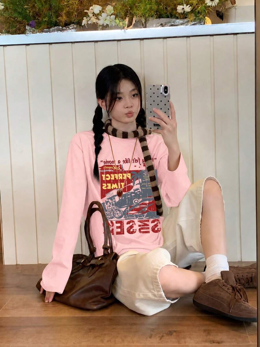 時尚汽車星星字母印花設計女款長袖T恤，秋季慵懶街頭風上衣 - 粉色 - 查看 1