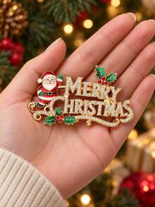 1pc Santa Claus/Christmas Tree Shaped Rhinestone Brooch, Gold Tone Merry Christmas Letter Enamel Pin, Vintage Exquisite Holiday Accessory, Suitable For Coats, Sweaters, Scarves And Bags Decoration, Christmas Party Outfit And Holiday Gift - Multicolor - View 3