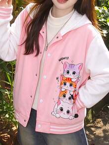 Lurzo Girl's Cartoon Cat Heart Print Hooded Jacket, Casual Long Sleeve College Style Jacket, Suitable For Spring And Autumn Daily Wear And Outdoor Activities. - Pink - View 1