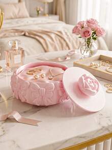 3D Printed Rose Top Jewelry Box, Outer Wall Surrounded By 3D Bow Relief, Soft Pink. With Lid Dust-Proof Design, Properly Store Rings, Necklaces, Earrings, Romantic And Exquisite, High-Value Storage Item For Girls' Vanity. - Multicolor - View 5
