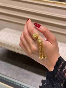 24K Gold Plated Ring, Rust-Resistant Gold Alternative Filigree Disc Jhumka Bell Multi-Strand Tassel Chain Statement Ring Jewellery Women - Tassel Ring - View 3