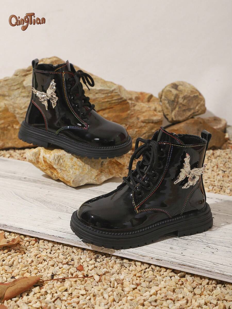 Girls' Boots 2026 Autumn New Fashion Children's Bowknot Decor Lace-Up - Black - View 1