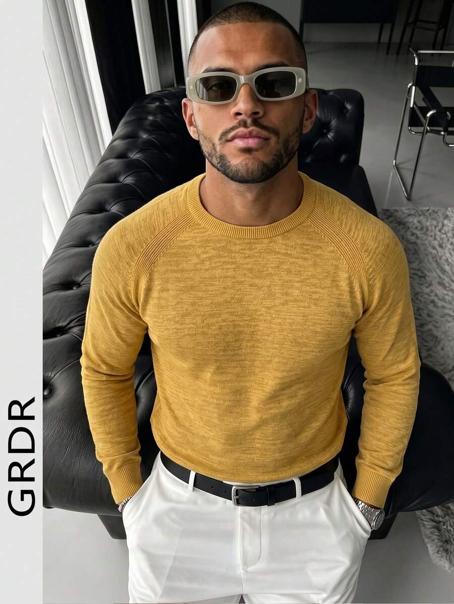كنزة صوفية محبوكة للرجال من GRDR، لون موحد بأكمام طويلة، مناسبة للخروجات في فصل الخريف/الشتاء، قطعة أساسية للأناقة