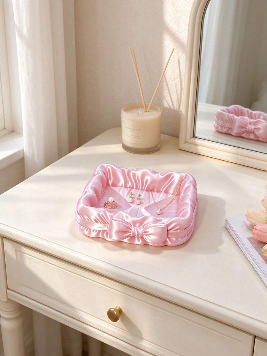 3D Printed Satin Texture Bow Jewelry Storage Tray, Pleated Ruffle Square Design, White & Pink Dual Color Options, For Rings Earrings Necklaces, Dressing Table Girly Style Jewelry Organizer, Exquisite Desktop Decor