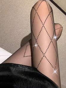 Rhinestone Embellished Cross Diamond Lattice Design Slimming Black Sheer Tights, Spring/Summer - Multicolor - View 5