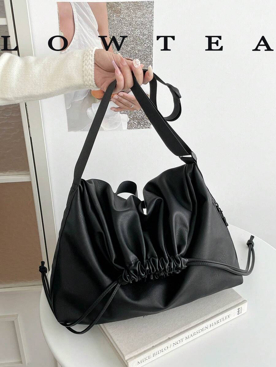 1pc Solid Color PU Fabric Women's Casual Large Capacity Shoulder Bag Bucket Bag With Adjustable Strap And Drawstring Closure, Suitable For Daily Shopping And Commuting - Black - View 1