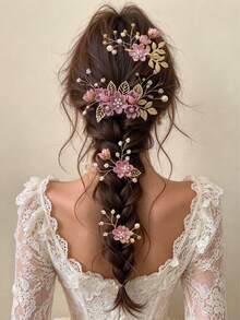 4pcs Fabric Floral Rhinestone & Pearl Beaded Hair Sticks Set, Bridal Headpiece, Wedding Banquet Updo Hair Accessories Set, Luxury Style - Multicolor - View 1