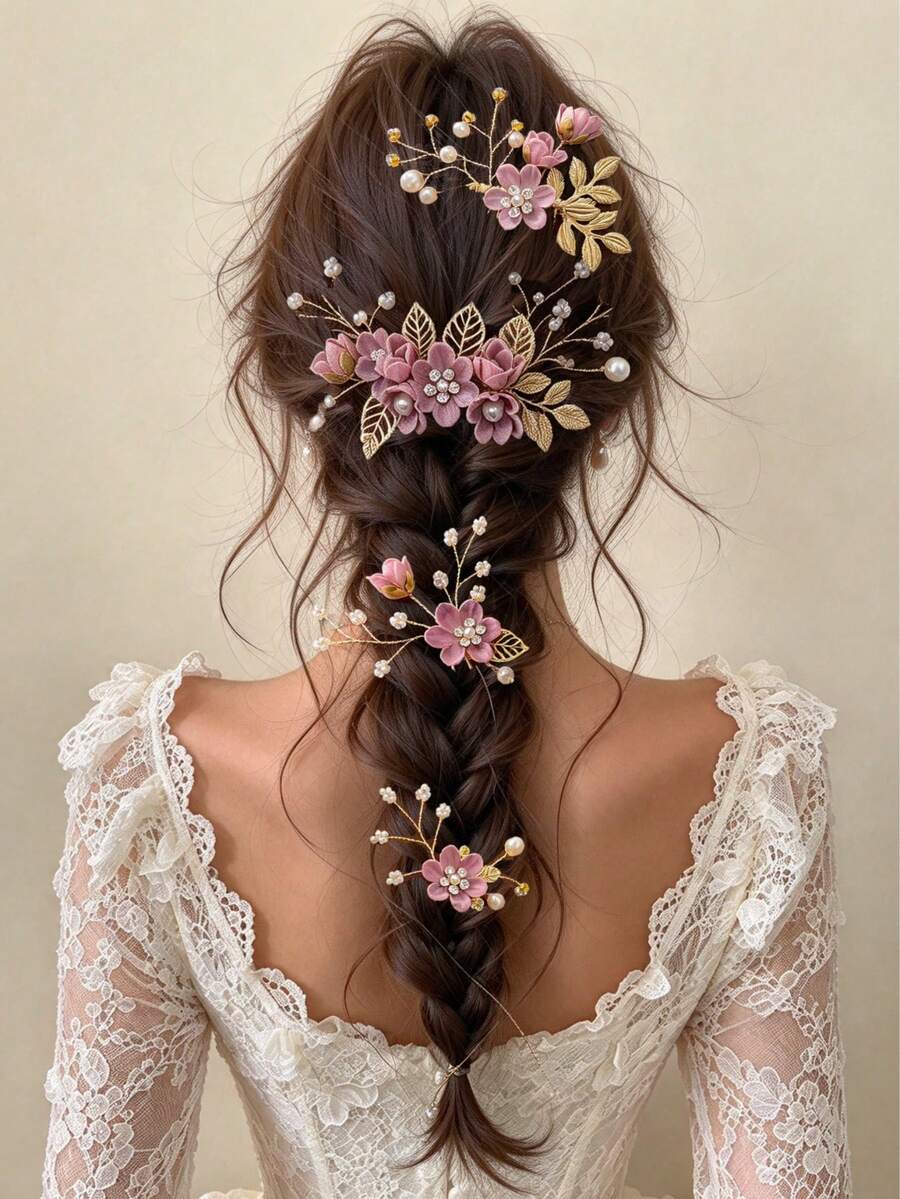 4pcs Fabric Floral Rhinestone & Pearl Beaded Hair Sticks Set, Bridal Headpiece, Wedding Banquet Updo Hair Accessories Set, Luxury Style - Multicolor - View 1