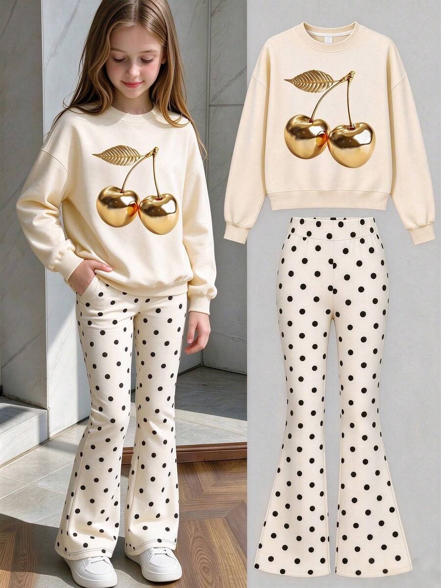 2 Pieces Outfit Set For Older Girls And Teens, Includes 1 Apricot Crew Neck Sweatshirt And 1 Polka Dot Flare Pants, Featuring Distinctive Gold Cherry Pattern, Minimalist Casual Style - Apricot - View 1