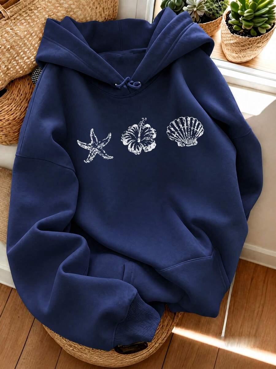 1pc Women's Coastal Style Starfish & Shell Print Drawstring Pullover Sweatshirt, Casual Y2K Comfortable Loose Fit Pullover Sweatshirt, Suitable For Autumn Beach Vacation & Daily Wear - Navy Blue - View 1