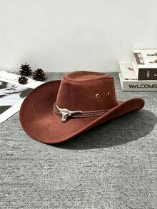 1pc Unisex Western Cowboy Hat, Sun Protection Jazz Hat, British Style Summer Sun Hat, Suitable For Outdoor Activities, Horse Riding, Parties And Photography. Foldable And Convenient To Carry. - Bull Head - View 1