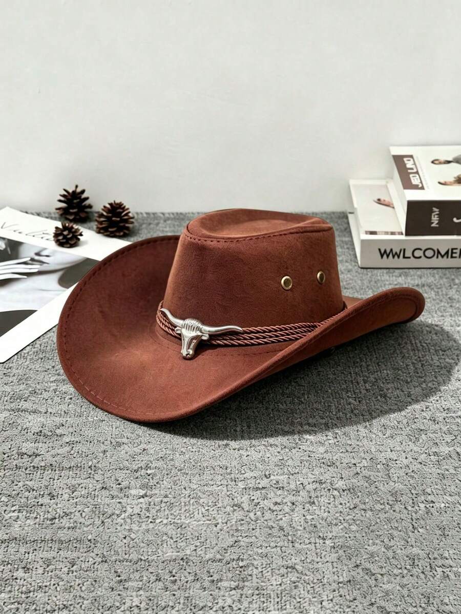 1pc Unisex Western Cowboy Hat, Sun Protection Jazz Hat, British Style Summer Sun Hat, Suitable For Outdoor Activities, Horse Riding, Parties And Photography. Foldable And Convenient To Carry. - Bull Head - View 1