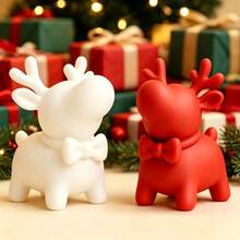 2pcs Christmas Reindeer Figurines - Cute Cartoon Deer Statues With Antlers, Suitable For Bookshelf, Desktop, Mantel Decoration, Plastic Holiday Decor For Christmas Tree, Ideal Gift - Multicolor - View 4